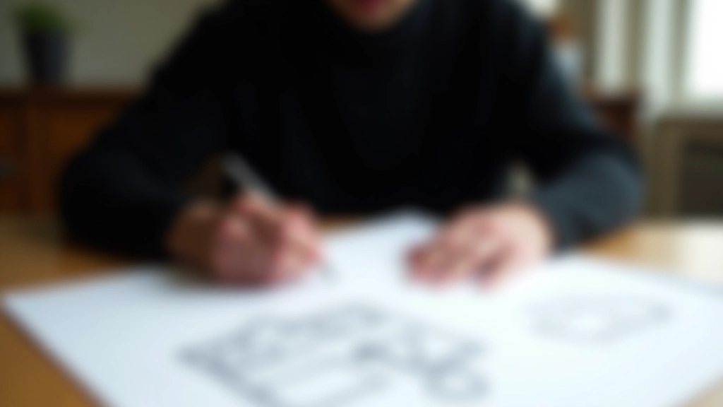 Close-up van architect die ontwerp sketches maakt met potlood op papier, creatief werkproces, scherpe focus