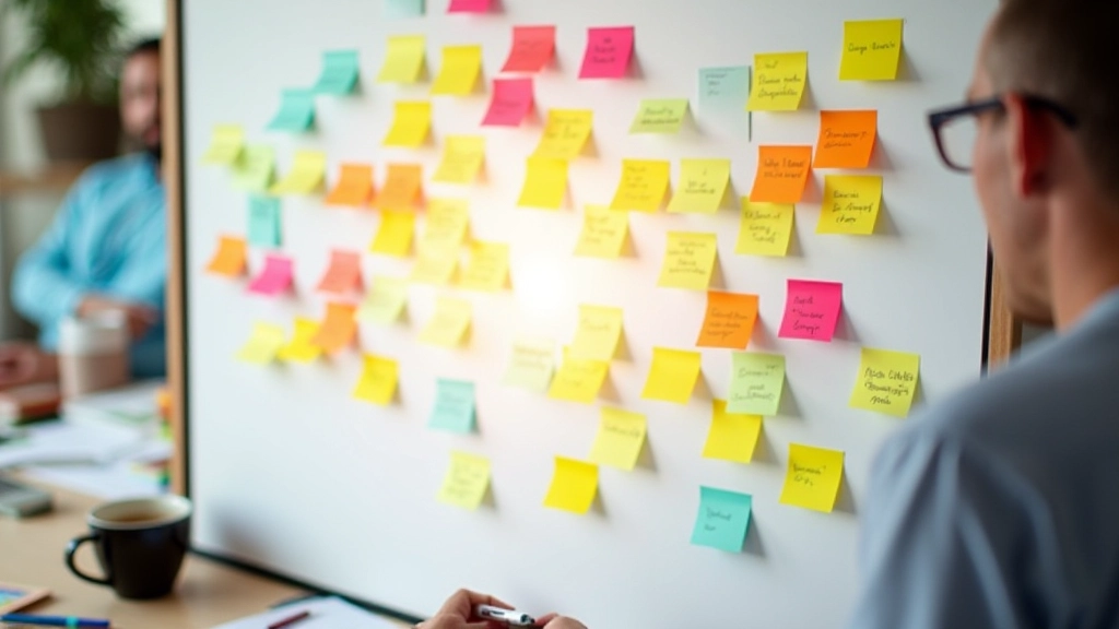 Kleurrijke sticky notes op whiteboard met brainstormideeën en pijlen