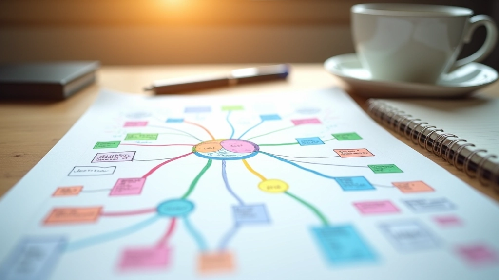 Afgewerkte mindmap met meerdere kleuren en duidelijke structuur op bureauoppervlak