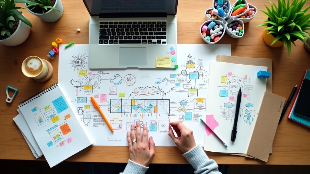Creatieve werkplek met mindmap schets, kleurenmarkers en notitieboeken op houten tafel