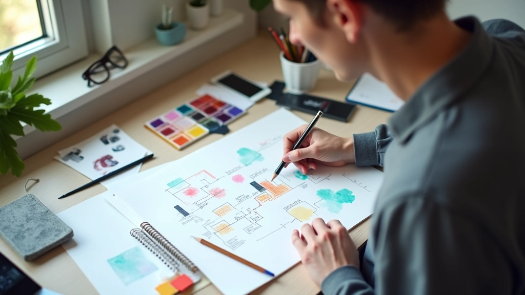 Designer werkt aan schetsblok met kleurenpalette en pen op moderne werkplek