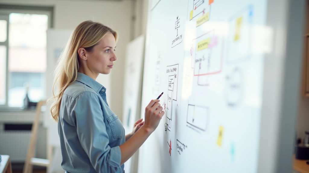 Designer schetst ideeën op whiteboard met kleurpotloden en mindmap structuur