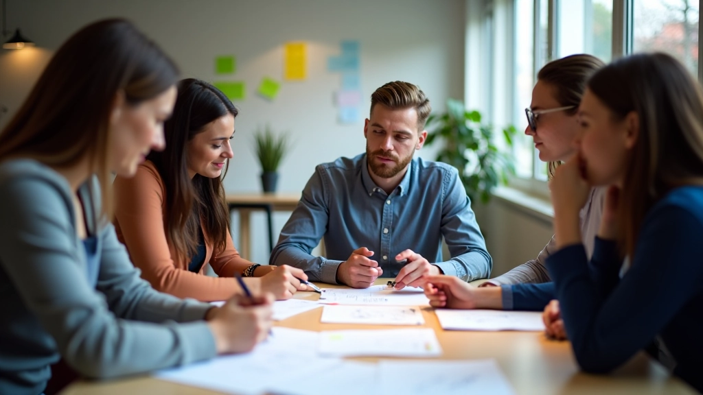 Diverse team brainstormt rond tafel met kleurige notities en schetsmateriaal