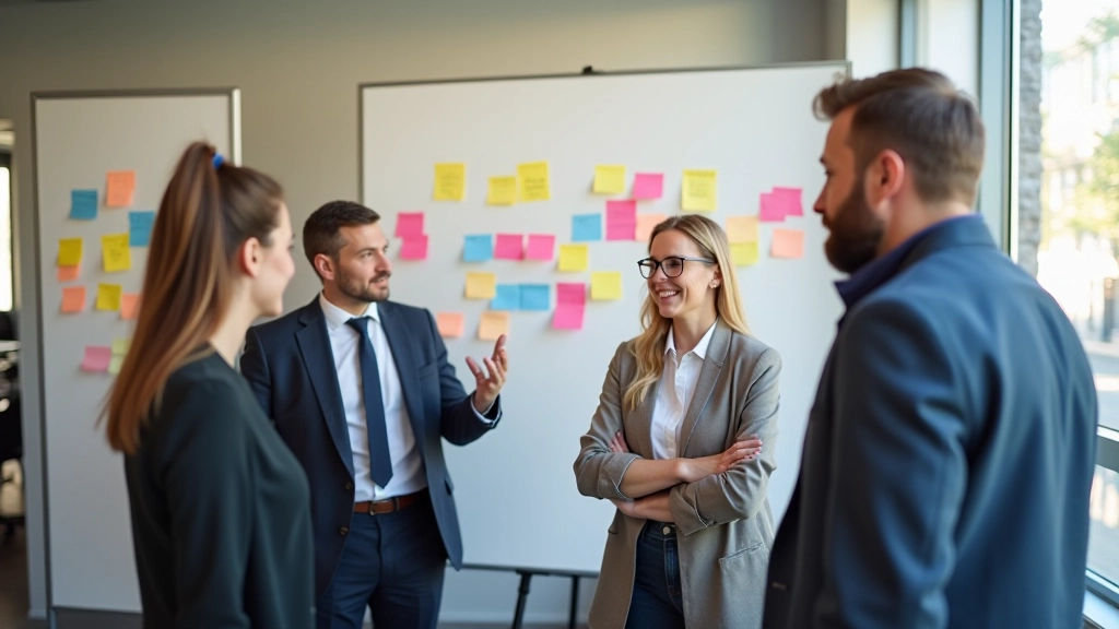 Team in informele setting diskusseert ideeën, post-its op whiteboard, brainstorm sfeer, dynamisch en creatief