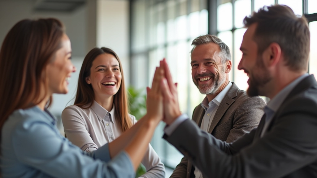 Team van vier professionele mensen viert succesvolle project met high-five in modern kantoor