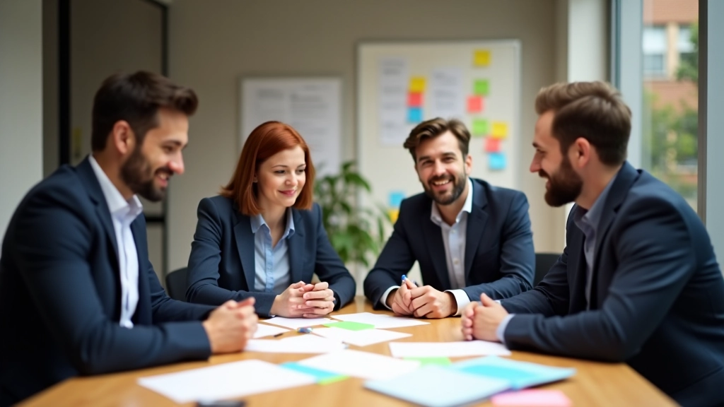 Diverse team van vier professionals rond een tafel vol notities en kleurrijke post-its