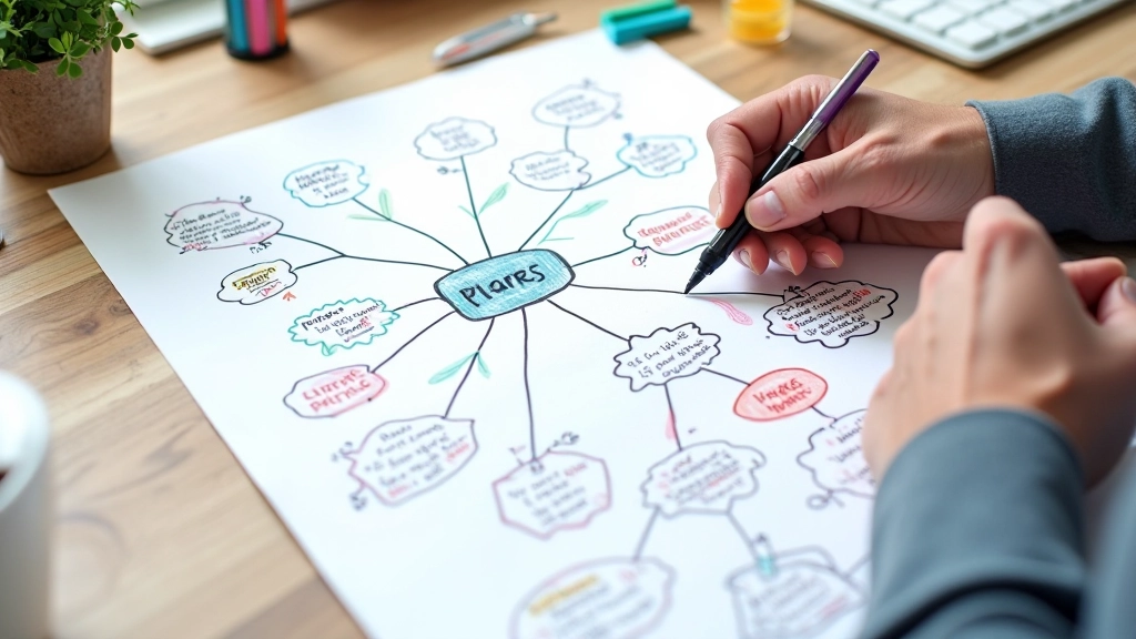Mindmap schema op papier met verbindingen en kleuren