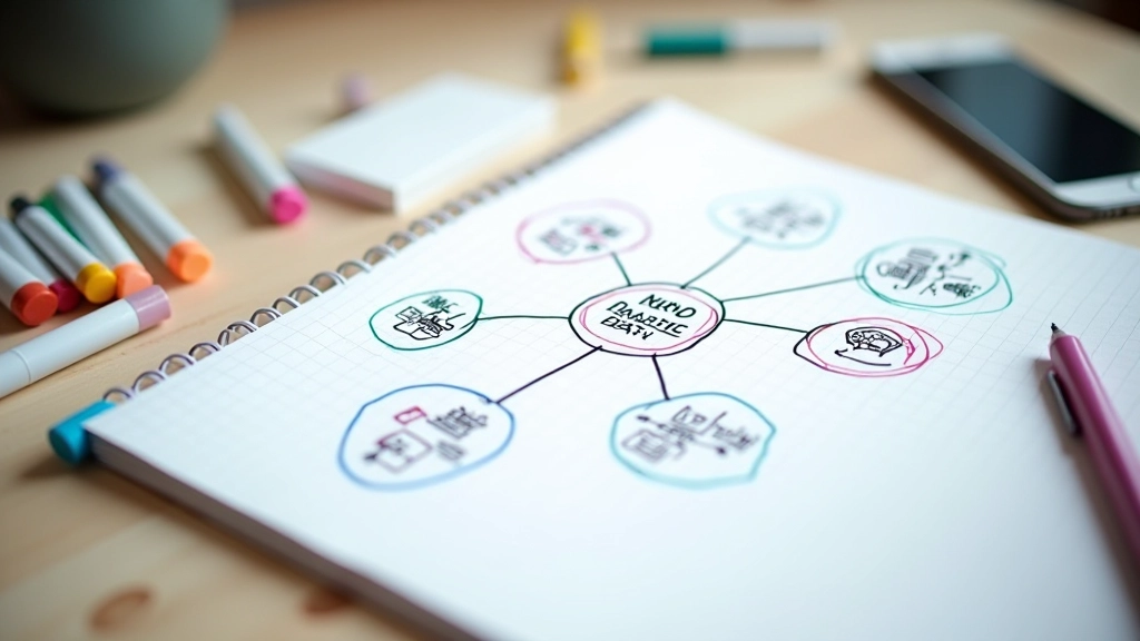 Mindmap schets met centrale idee en takken op papier met kleurmarkers