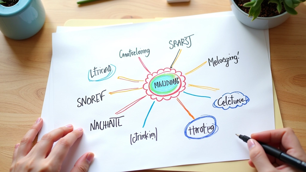 Kleurrijke mindmap op papier met handgeschreven woorden en verbindingslijnen op houten tafel