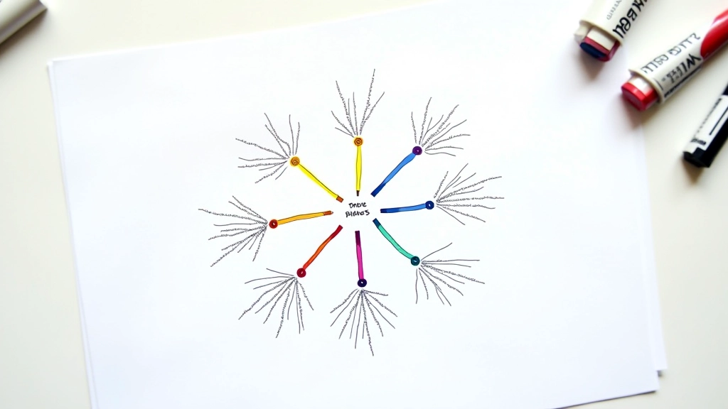 Diagram van mindmap structuur met centraal thema en uitstralende takken
