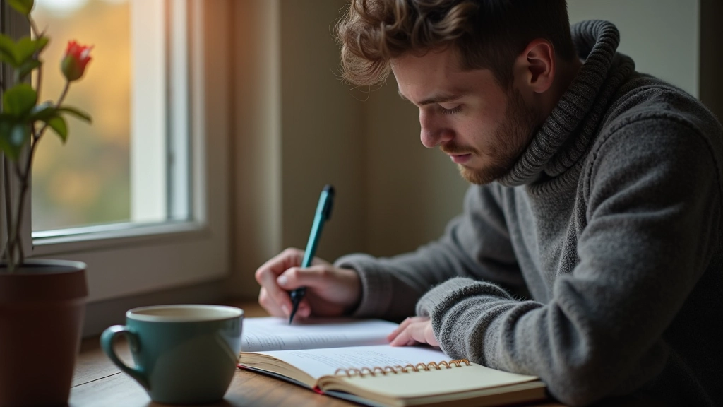 Persoon schrijft handgeschreven noten in dagboek, reflectie en zelfbewustzijn, creatief journaling moment