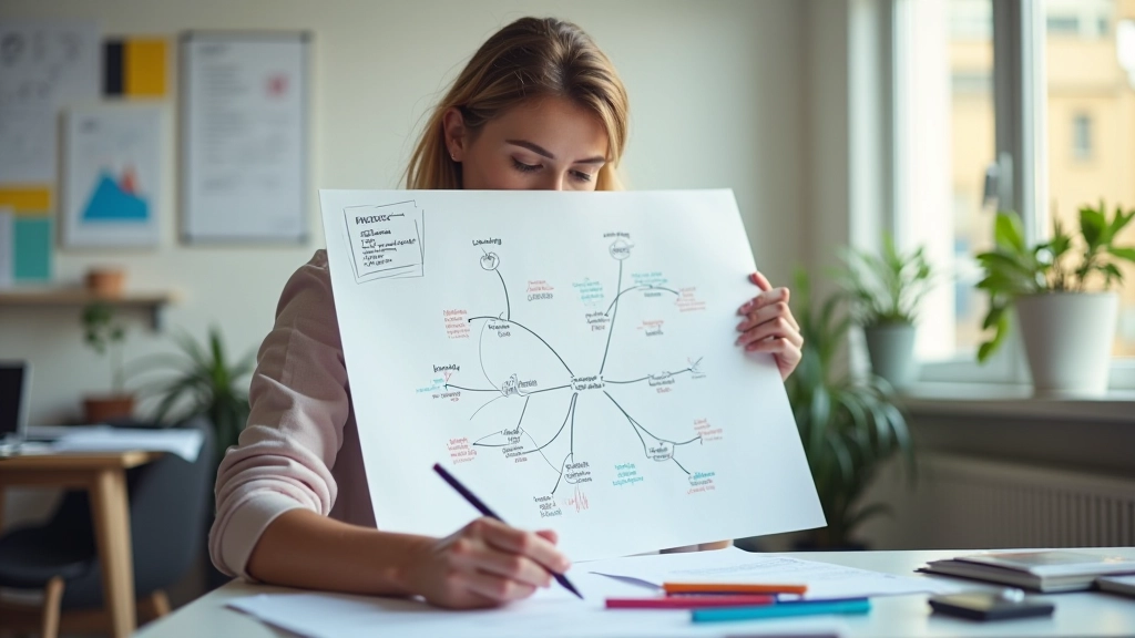 Persoon werkt aan mindmap op groot papier met kleurenmarkers in creatieve ruimte