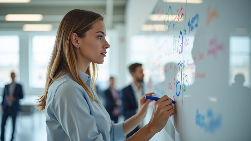 Persoon schrijft op whiteboard met kleurige markers terwijl team aankijkt in kantoor