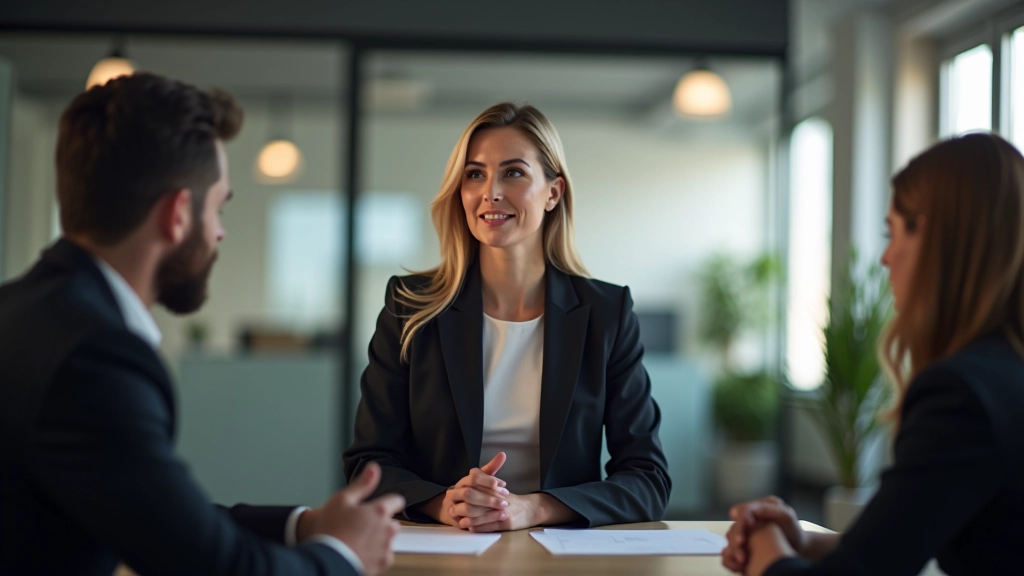 Vrouw in zakenkleding presenteert met zelfverzekerde houding in kantoor